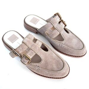 Dolce Vita Double Buckle Mary Jane Suede Mules Taupe Gold Buckles Size 8 NEW